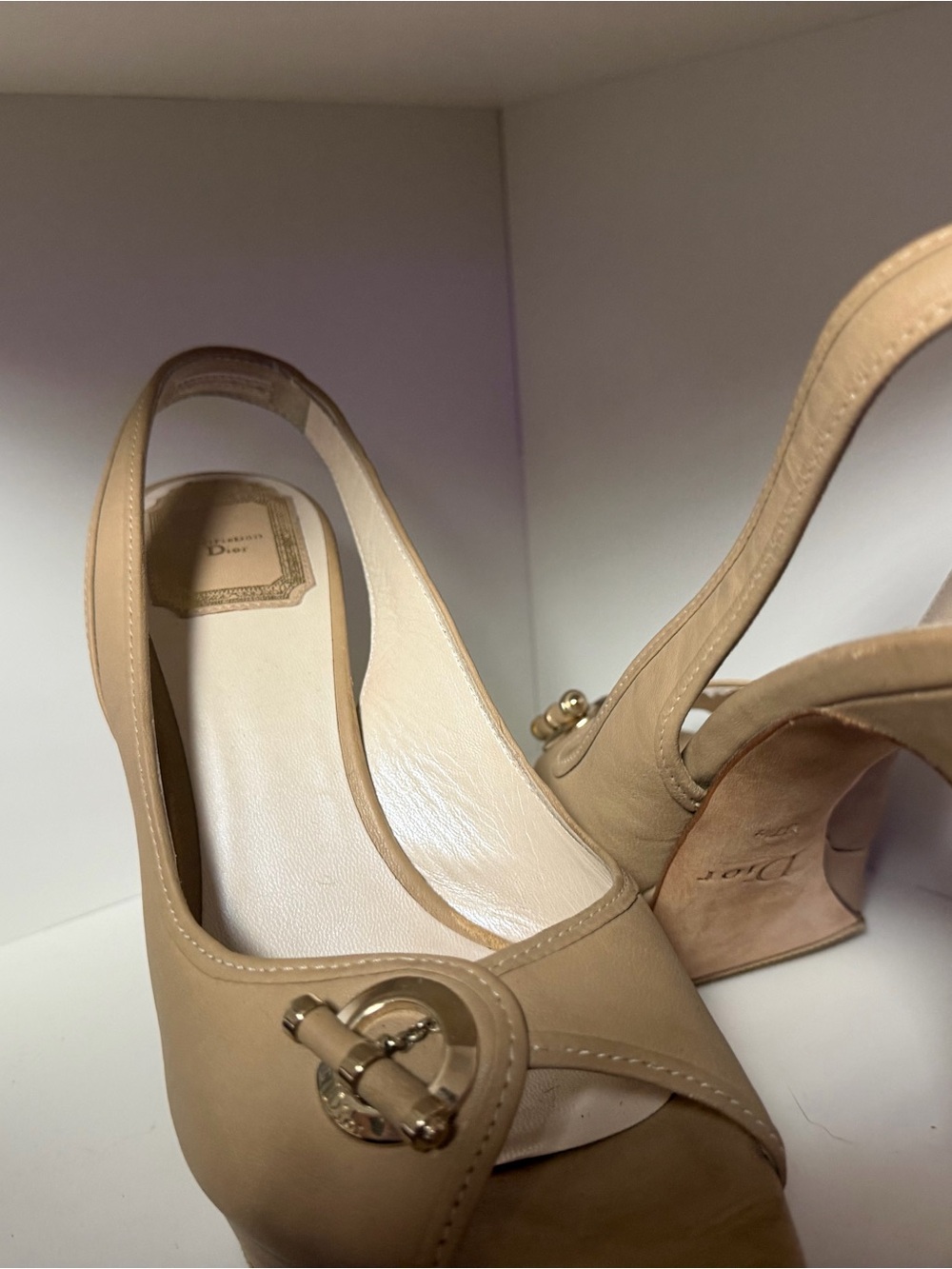 Dior Beige Leather Slingback Heels with Gold Buckle